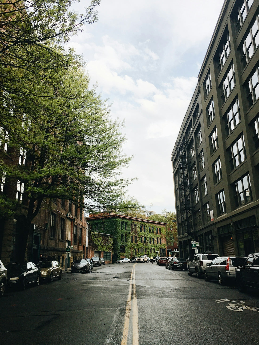 a city street lined with tall buildings and parked cars